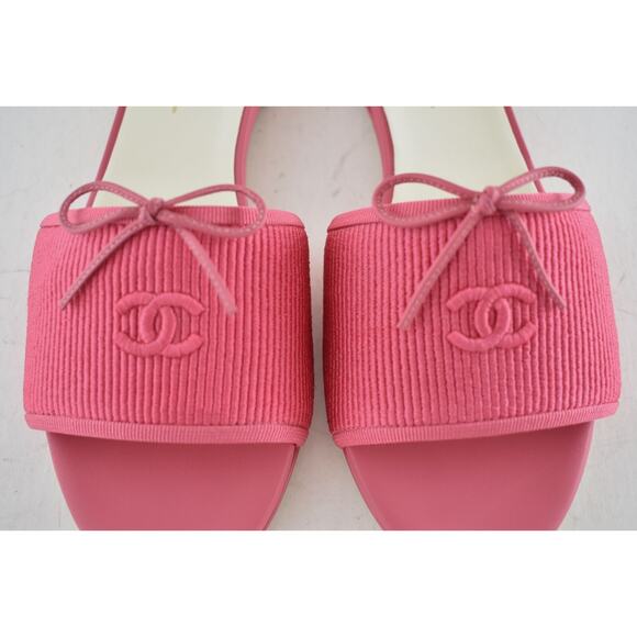 Chanel 24P Dark Pink Embroidered CC Logo Bow Tie Mule Slide Flat Sandal 37.5 - Picture 11 of 16